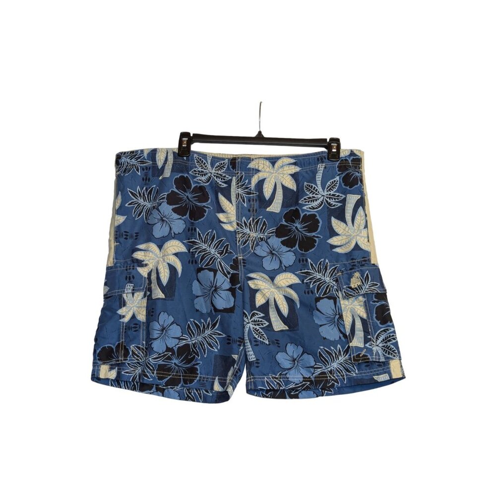 Caribbean Joe Mens Hawaiian Swim Shorts Navy Blue & Beige Size XL